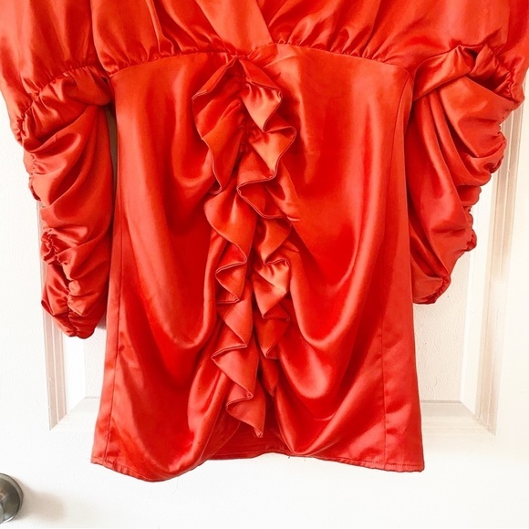 LOVER’S + FRIENDS Revolve Walgrove Ruffle Ruched Mini Dress Fire Orange Party - Picture 10 of 13
